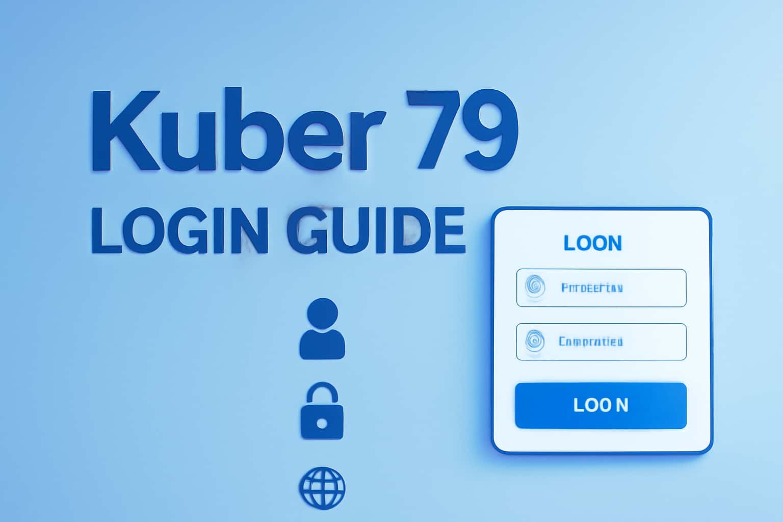 A professional informational image illustrating the Kuber 79 Login Guide with a blue tech theme.