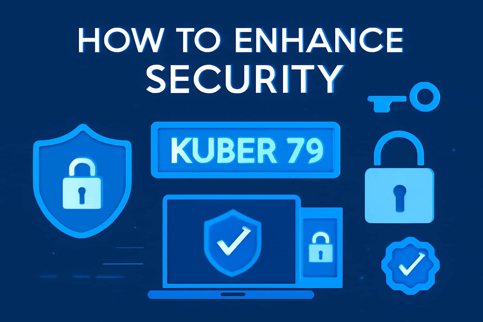 An educational scene showcasing Kuber 79 security enhancement tips, with futuristic design elements in #1490f5.